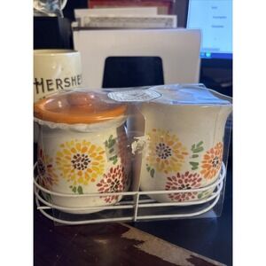 Vintage Heartland Hive Creamer & Sugar Set w/ Lid & Caddy – Floral Ceramic NEW